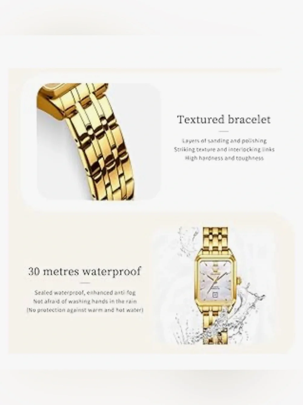 OLEVS Women Gold Rectangular Quartz Watch Mother of Pearl Dial Date Display NWT